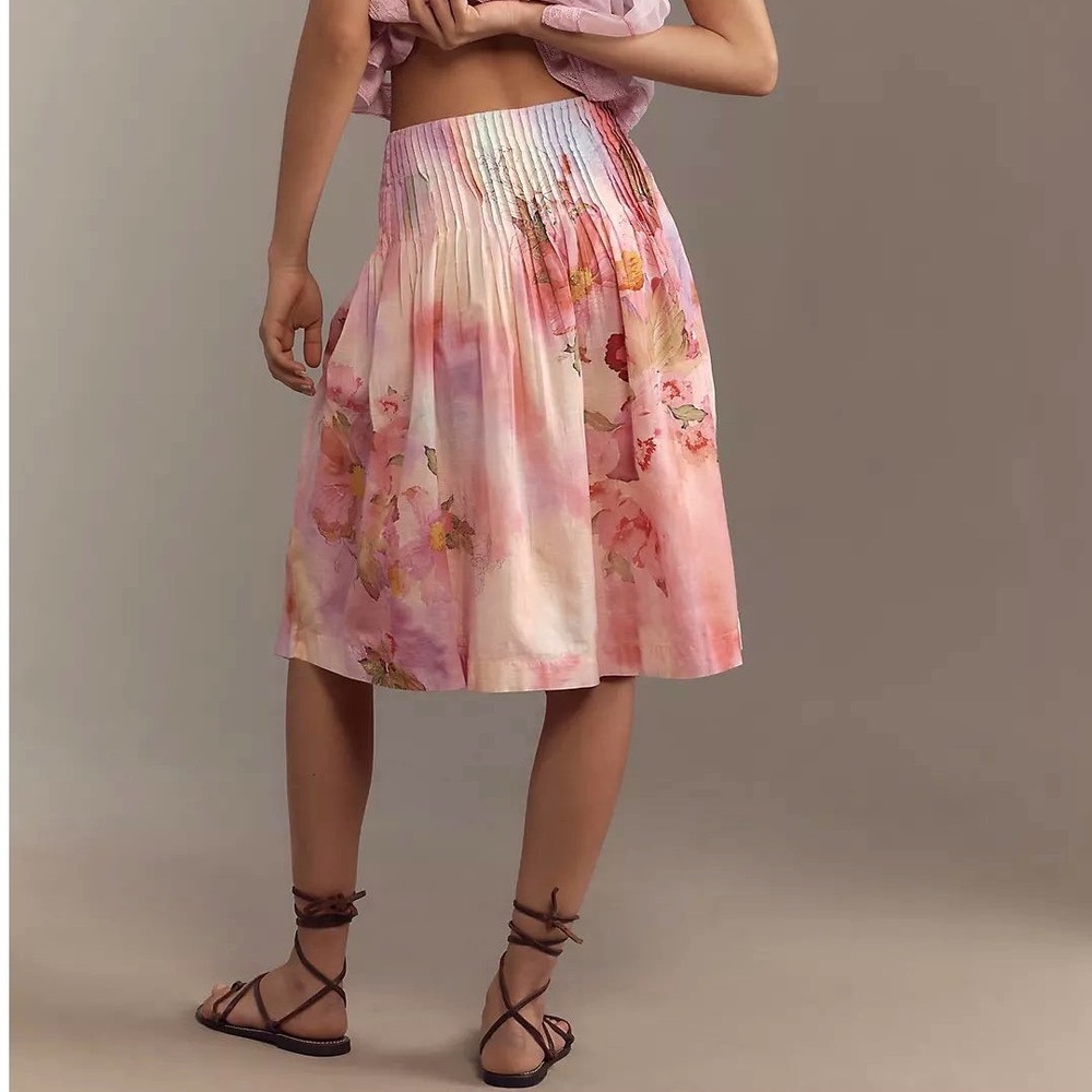 Anthropologie Low Rise Gathered Yoke Knee Length Skirt-Medium Botanical